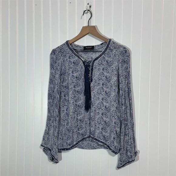 The Kooples Sunrise Blue Paisley Boho Tassel Blouse XS Romantic Bohemian Top - Picture 1 of 11
